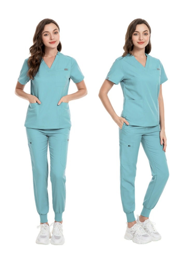 Loquat Medical Uniform Scrubs Set Medical Scrubs Solid Color 2 Piece Set Top and Pants Suit Light Blue - Image 2