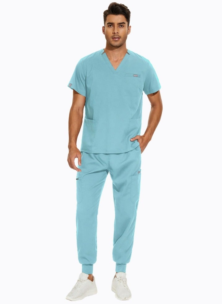 Loquat Medical Uniform Scrubs Set Medical Scrubs Solid Color 2 Piece Set Top and Pants Suit Light Blue - Image 3