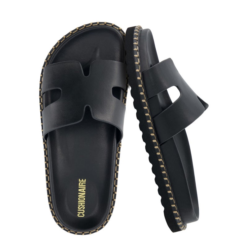 CUSHIONAIRE Crisp Womenâ€™s Slide Sandal â€“ Faux Leather Cutout Slip-On with Artisan Stitching & Memory Foam, Wide Widths Available, BLACK 9.5 - Image 1