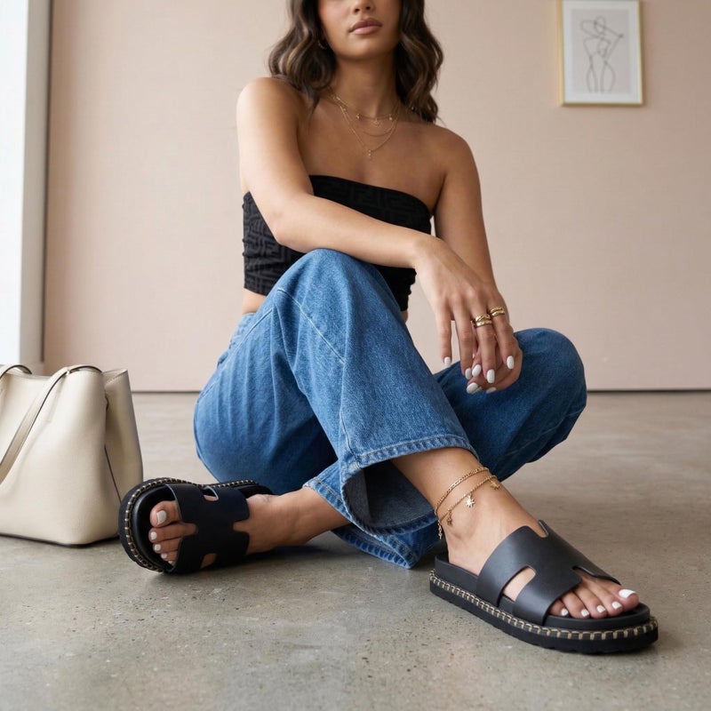 CUSHIONAIRE Crisp Womenâ€™s Slide Sandal â€“ Faux Leather Cutout Slip-On with Artisan Stitching & Memory Foam, Wide Widths Available, BLACK 9.5 - Image 3