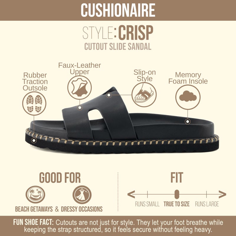 CUSHIONAIRE Crisp Womenâ€™s Slide Sandal â€“ Faux Leather Cutout Slip-On with Artisan Stitching & Memory Foam, Wide Widths Available, BLACK 9.5 - Image 4
