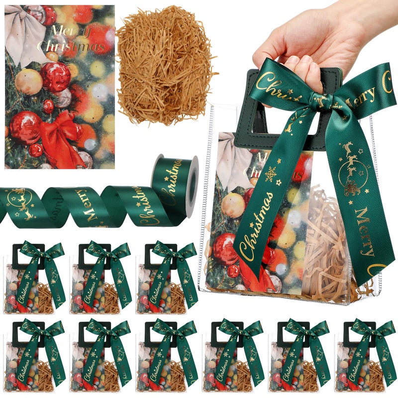 Wesnoy 12 Pack Small Christmas PVC Clear Gift Bags with Handles Christmas Gift Bags 12 Cards 1 Ribbon 1 Bag of Raffia Fill Paper for Xmas Gifts Wrapping Holiday Party Favor 7 x 63 x 315Green - Image 2