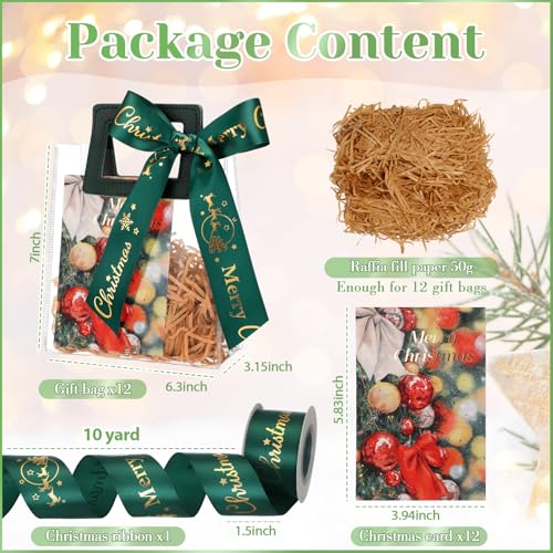 Wesnoy 12 Pack Small Christmas PVC Clear Gift Bags with Handles Christmas Gift Bags 12 Cards 1 Ribbon 1 Bag of Raffia Fill Paper for Xmas Gifts Wrapping Holiday Party Favor 7 x 63 x 315Green - Image 3