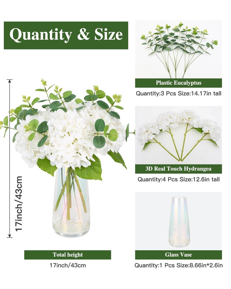 Tifuly 4pcs Fake Hydrangea with Vase -3D Real Touch Faux Hydrangea Flowers and 3pcs Eucalyptus Stems for Wedding Centerpiece Home Party Table Decorationï¼ˆWhiteï¼‰ - Image 4