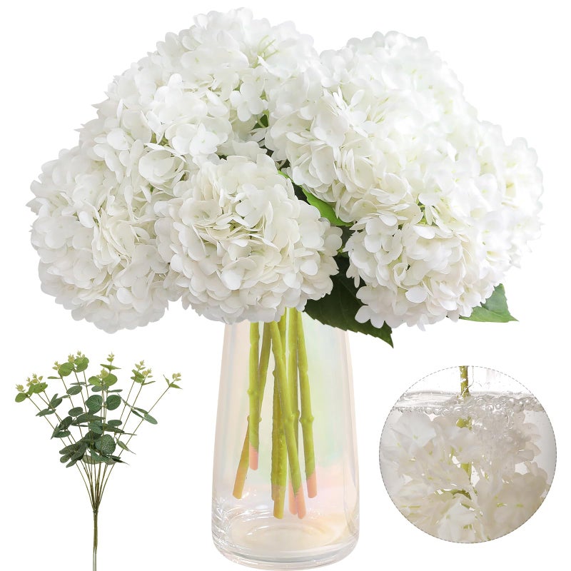 Tifuly 4pcs Fake Hydrangea with Vase -3D Real Touch Faux Hydrangea Flowers and 3pcs Eucalyptus Stems for Wedding Centerpiece Home Party Table Decorationï¼ˆWhiteï¼‰ - Image 1