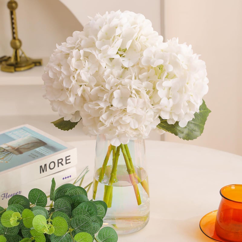 Tifuly 4pcs Fake Hydrangea with Vase -3D Real Touch Faux Hydrangea Flowers and 3pcs Eucalyptus Stems for Wedding Centerpiece Home Party Table Decorationï¼ˆWhiteï¼‰ - Image 3