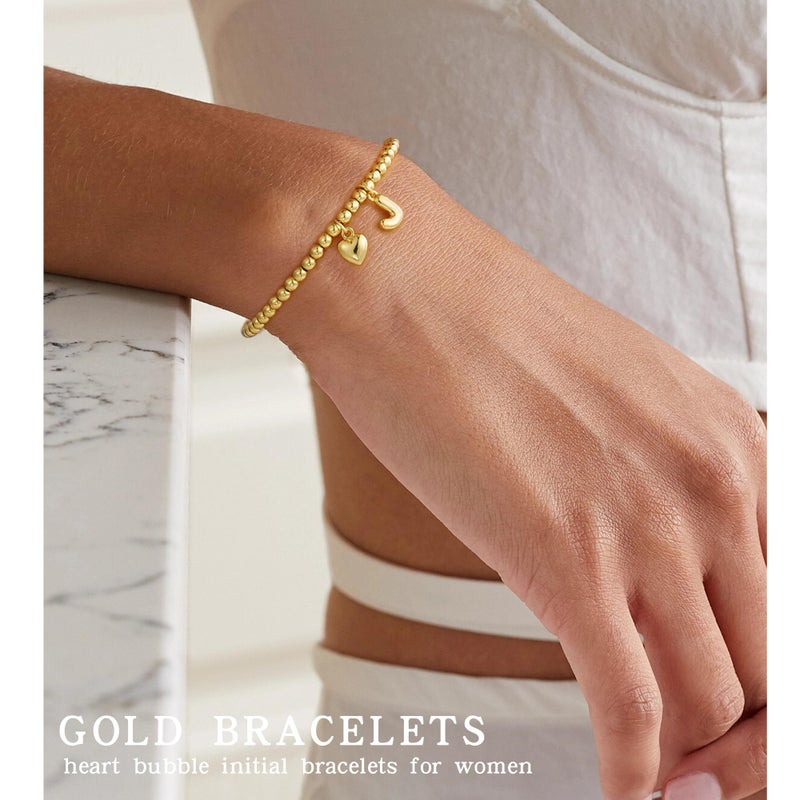 YOFECIO Gold Initial Bracelets for Women - Dainty Gold Beaded Bracelets for Women 14K Gold Plated Heart Initial Bracelets Balloon Letter A-Z Charm Bracelets Personalized Jewelry J - Image 3