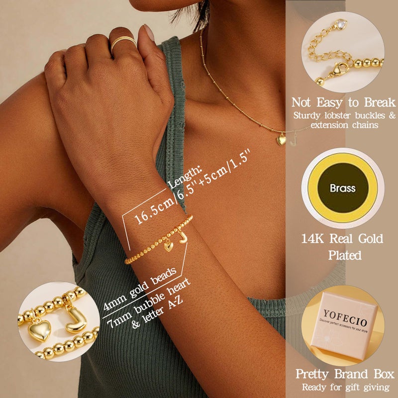 YOFECIO Gold Initial Bracelets for Women - Dainty Gold Beaded Bracelets for Women 14K Gold Plated Heart Initial Bracelets Balloon Letter A-Z Charm Bracelets Personalized Jewelry J - Image 2