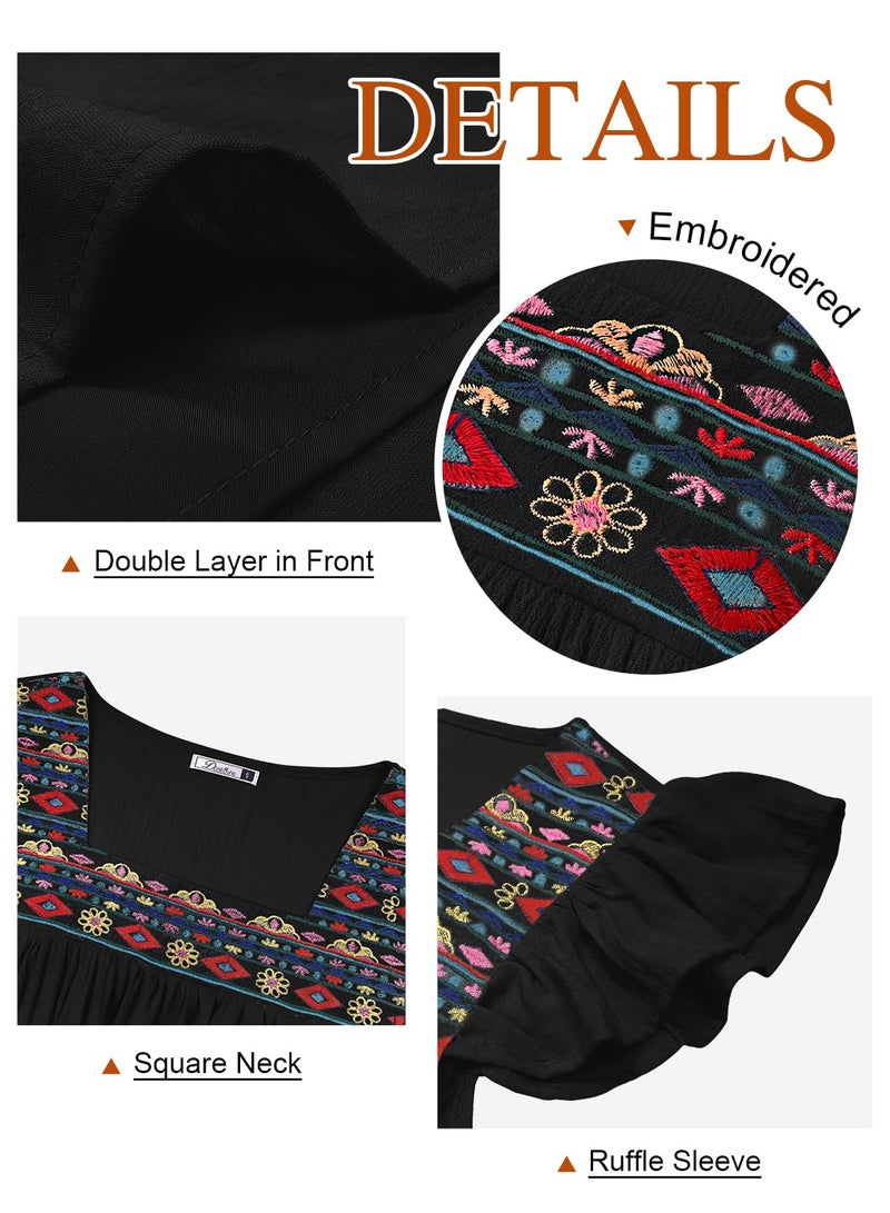 DOROSE Womens Tops Mexican Embroidered Top for Women Square Neck Babydoll Flowy Boho Peasant Blouses Black S - Image 4