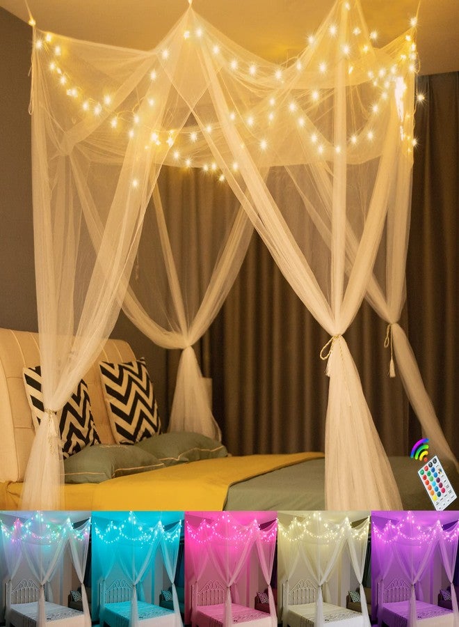 OYCBUZO مظلة سرير بيضاء مزينة بـ ٢٤ لونًا من أضواء النجوم للبنات، ستائر سرير أميرة بثمانية زوايا مع أضواء LED متغيرة الألوان وجهاز تحكم عن بعد ومؤقت لغرفة نوم النساء البالغات، سرير مزدوج كامل كوين كينج - Image 1