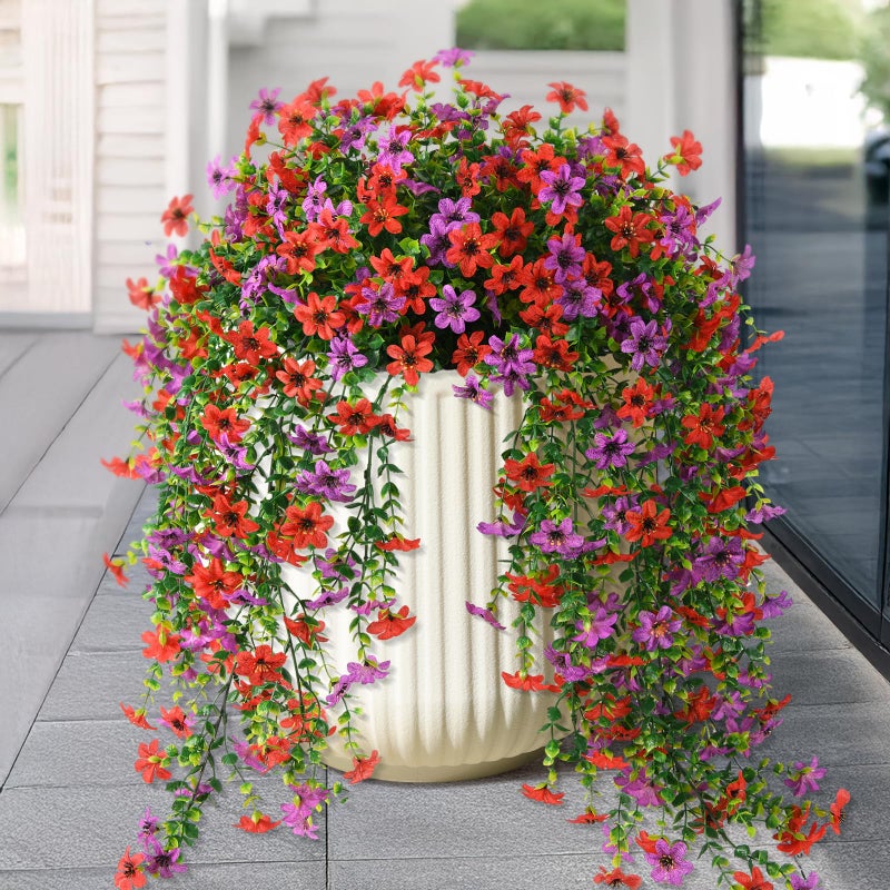 ZFProcess Artificial Hanging Flowers for Outdoors, 2 Pcs Fake Hanging Plant Spring Summer Decor, UV Resistant No Fade Realistic Faux Flower for Front Door Porch Planter Patio Garden Yard(Red Purple) - Image 1