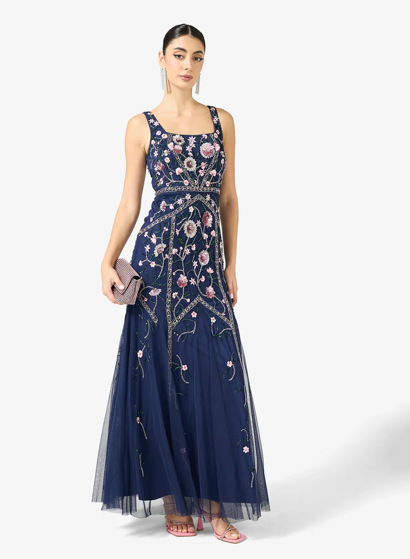 Adrianna Papell Embellished Godet Mesh Detail Maxi Dress