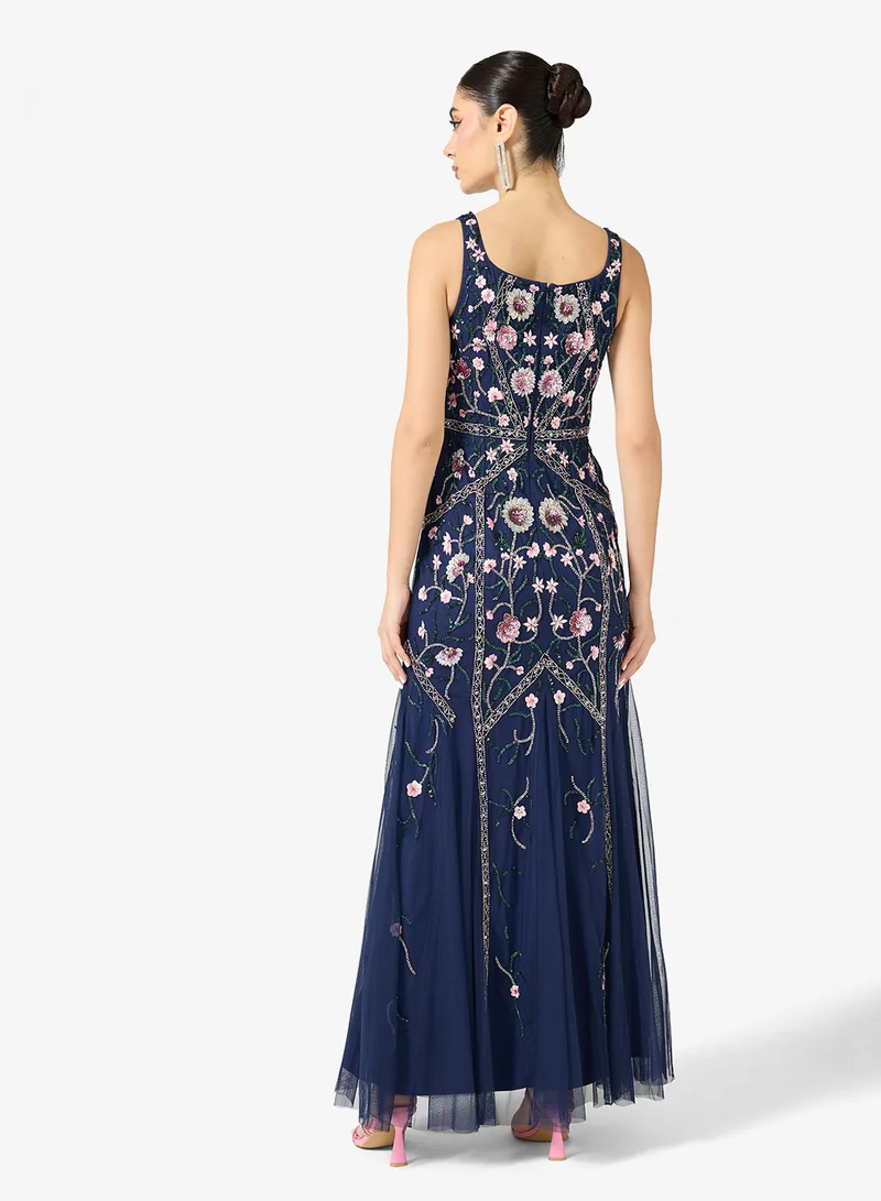 Adrianna Papell Embellished Godet Mesh Detail Maxi Dress