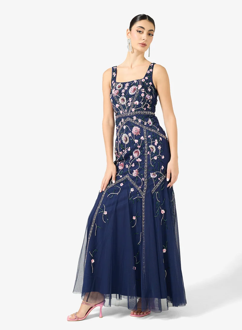 Adrianna Papell Embellished Godet Mesh Detail Maxi Dress