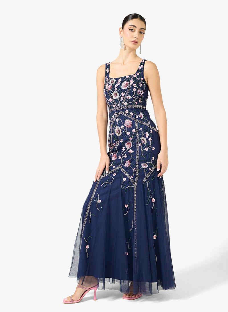 Adrianna Papell Embellished Godet Mesh Detail Maxi Dress - Image 4