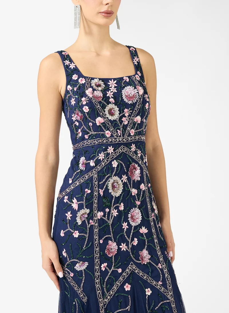 Adrianna Papell Embellished Godet Mesh Detail Maxi Dress