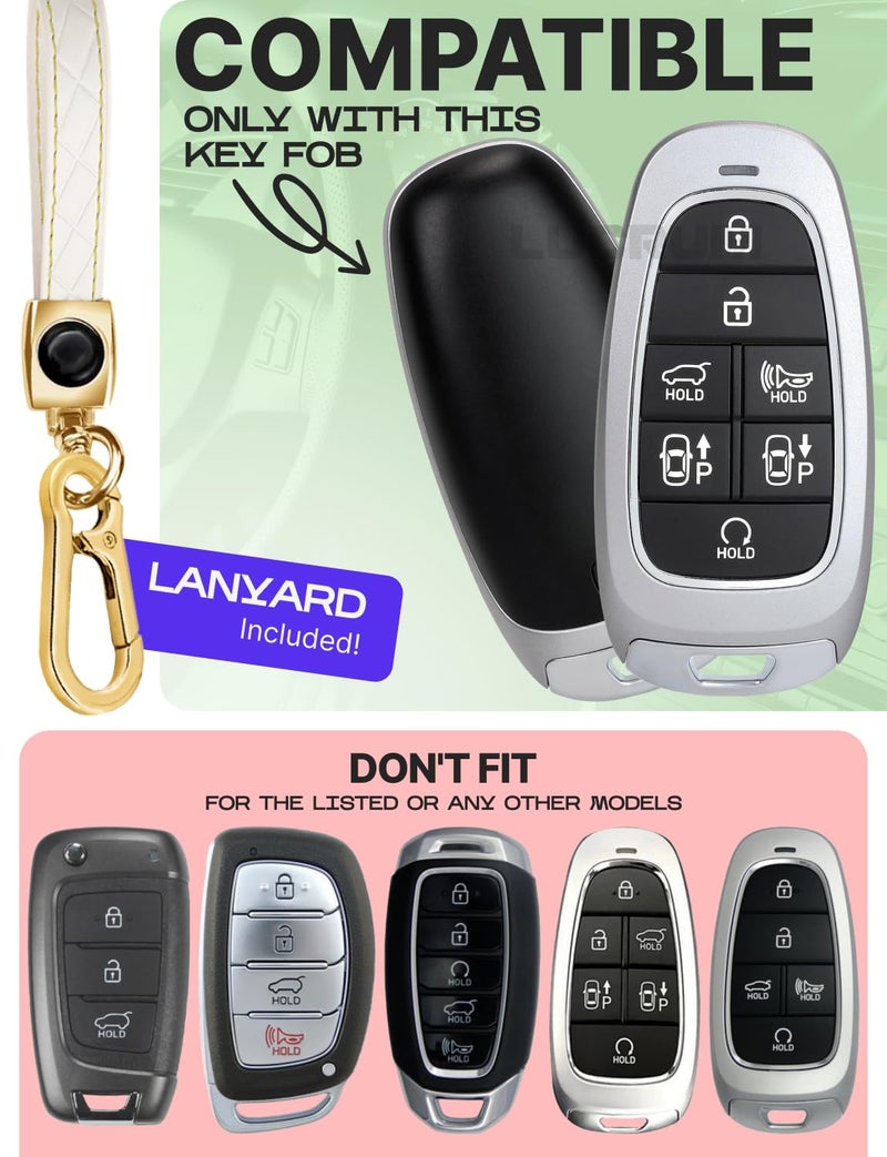 Lucrum Compatible with Hyundai Key Fob Cover & Leather Keychain, Keyfob Case for Santa Fe, Sonata, Tucson, Grandeur, Ioniq 5, Palisade, Nexo - For 7 Button Remote (2019-2025) - White and Gold - Image 2