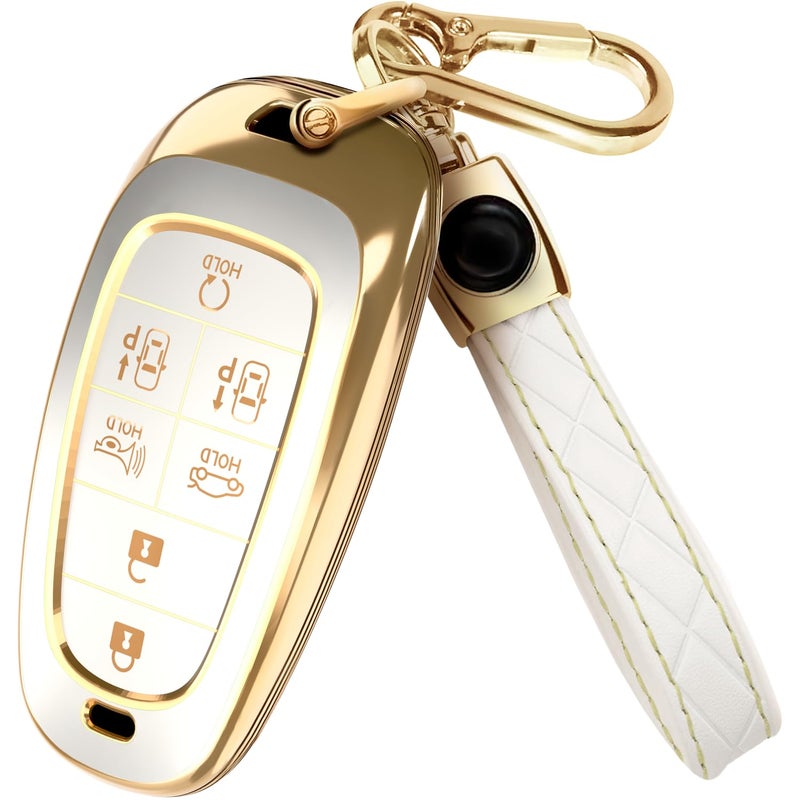 Lucrum Compatible with Hyundai Key Fob Cover & Leather Keychain, Keyfob Case for Santa Fe, Sonata, Tucson, Grandeur, Ioniq 5, Palisade, Nexo - For 7 Button Remote (2019-2025) - White and Gold - Image 1