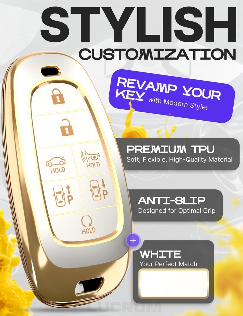 Lucrum Compatible with Hyundai Key Fob Cover & Leather Keychain, Keyfob Case for Santa Fe, Sonata, Tucson, Grandeur, Ioniq 5, Palisade, Nexo - For 7 Button Remote (2019-2025) - White and Gold - Image 3
