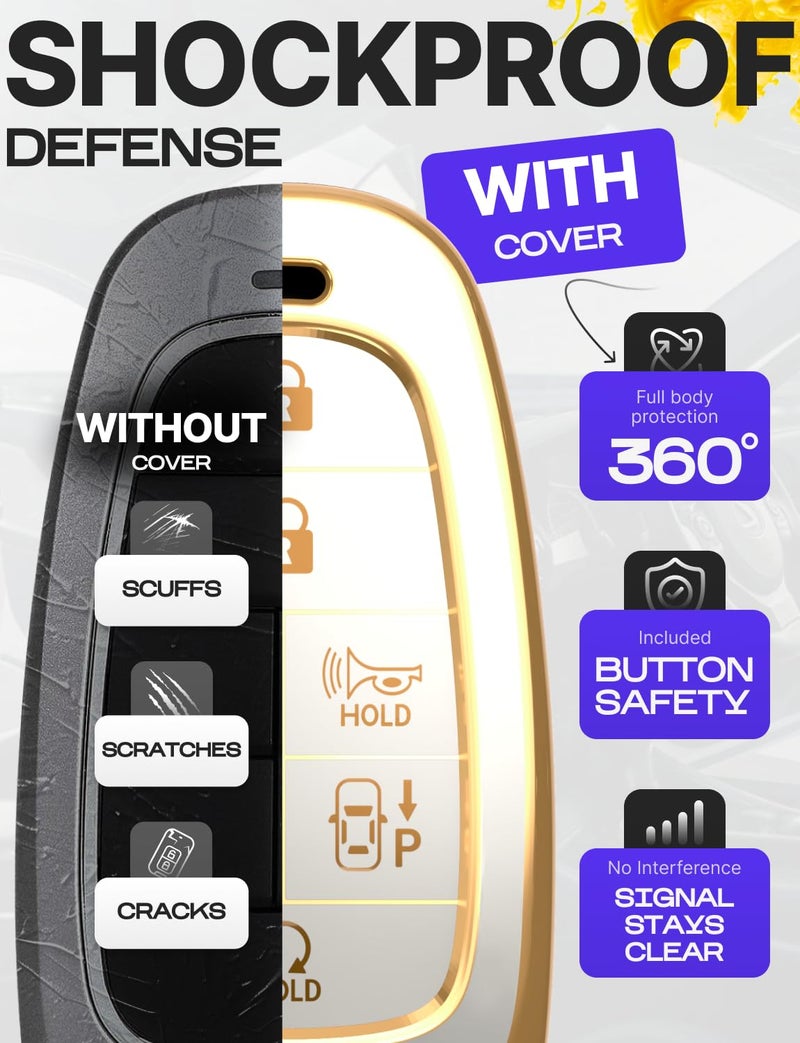 Lucrum Compatible with Hyundai Key Fob Cover & Leather Keychain, Keyfob Case for Santa Fe, Sonata, Tucson, Grandeur, Ioniq 5, Palisade, Nexo - For 7 Button Remote (2019-2025) - White and Gold - Image 4