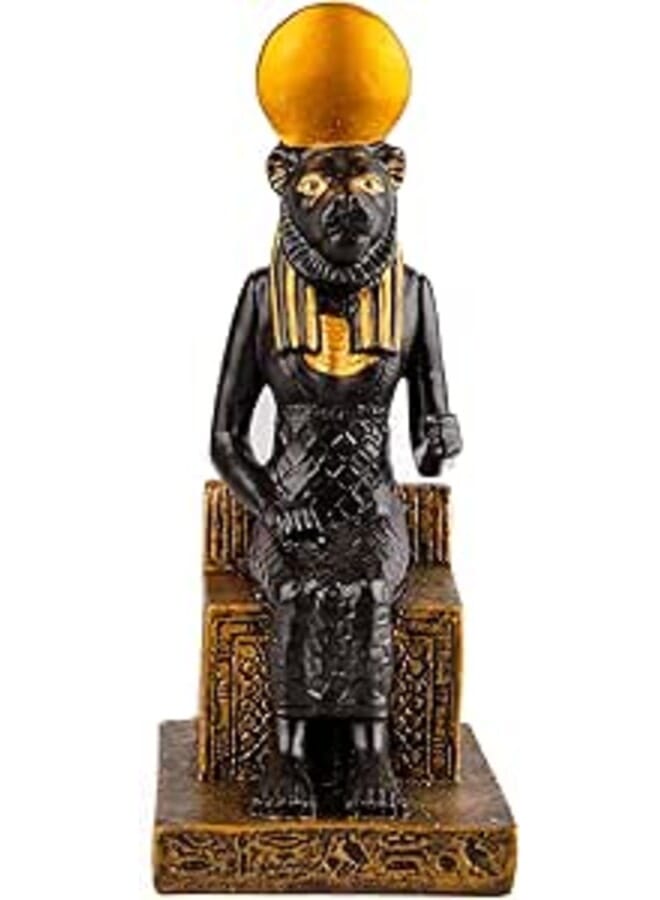 تمثال مصري قديم صغير لسخمت، إلهة الحرب جالسة، لونه أسود وبرونزي فريد من نوعه صنع في مصر.