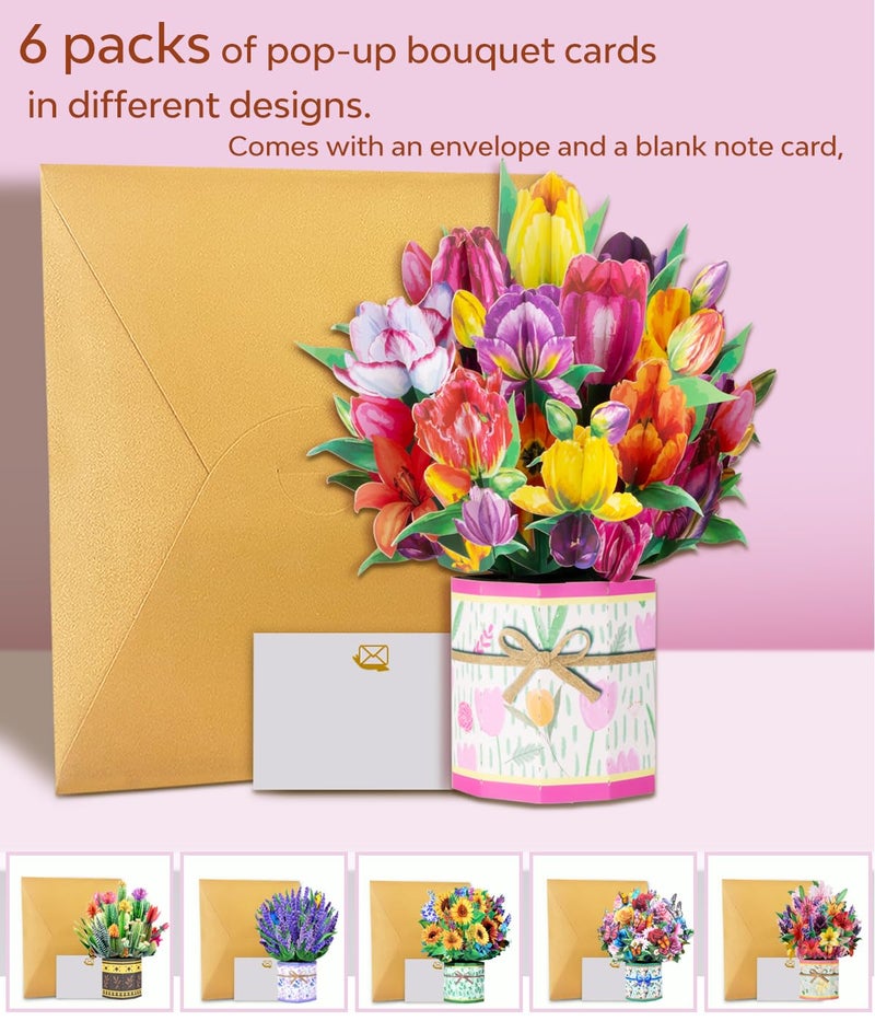 Magic Ants Pop Up Flower Bouquet Card Set for Women â€“ 6 Unique 3D Floral Designs with Envelopes & Separate Blank Note Cards, Forever Rose, Sunflower, Tulip Gift for Mother's Day, Get Well, Birthday, All Occasions - Image 5