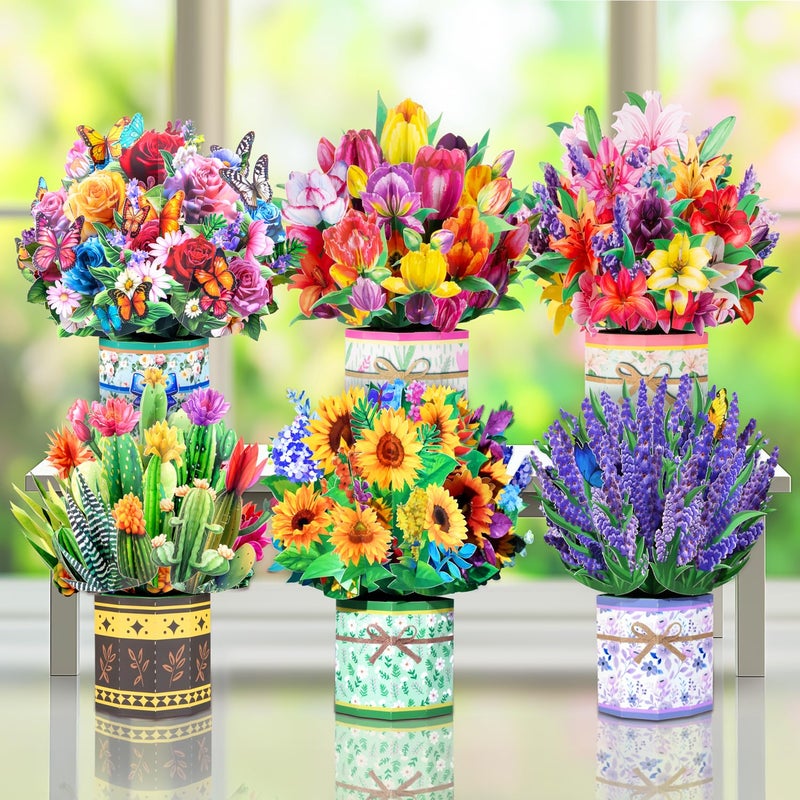 Magic Ants Pop Up Flower Bouquet Card Set for Women â€“ 6 Unique 3D Floral Designs with Envelopes & Separate Blank Note Cards, Forever Rose, Sunflower, Tulip Gift for Mother's Day, Get Well, Birthday, All Occasions - Image 1