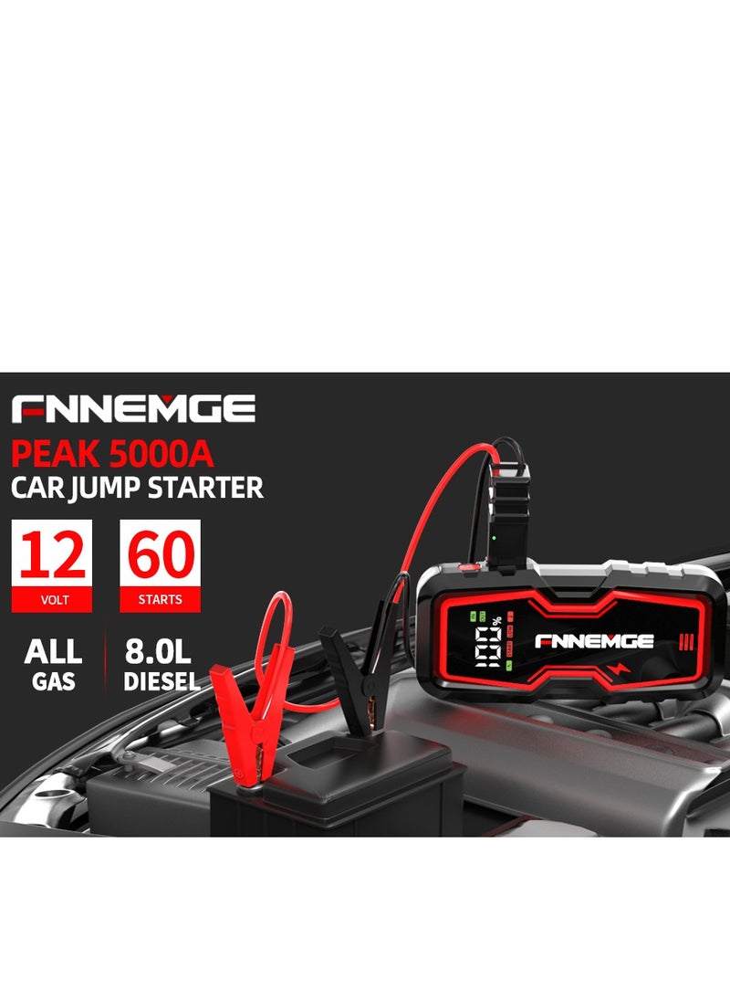 FNNEMGE - Car Jump Starter 5000A Peak 12V Jump Starter Battery Pack(Up to All Gas, 8.0L Diesel) with USB Charge Output Port, LED Light, HD Large Screen - Image 1