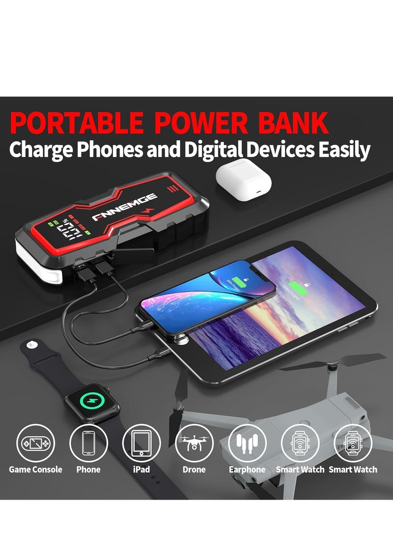 FNNEMGE - Car Jump Starter 5000A Peak 12V Jump Starter Battery Pack(Up to All Gas, 8.0L Diesel) with USB Charge Output Port, LED Light, HD Large Screen - Image 1