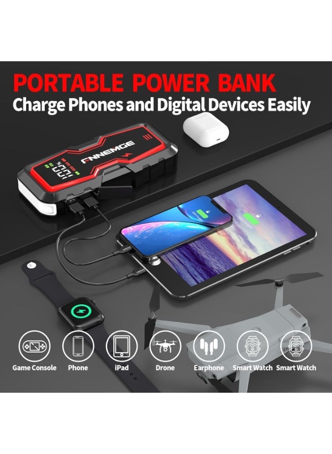 FNNEMGE Car Jump Starter 6000A Peak 12V Jump Starter Battery Pack(Up to All Gas, 8.0L Diesel) with USB Charge Output Port, LED Light, HD Large Screen  - Image 4