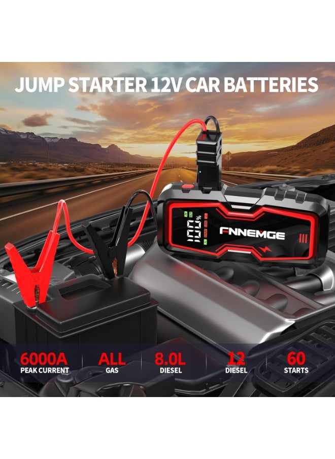 FNNEMGE Car Jump Starter 6000A Peak 12V Jump Starter Battery Pack(Up to All Gas, 8.0L Diesel) with USB Charge Output Port, LED Light, HD Large Screen  - Image 2
