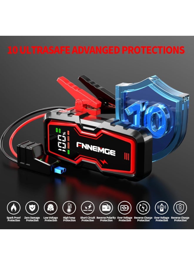 FNNEMGE Car Jump Starter 6000A Peak 12V Jump Starter Battery Pack(Up to All Gas, 8.0L Diesel) with USB Charge Output Port, LED Light, HD Large Screen  - Image 3