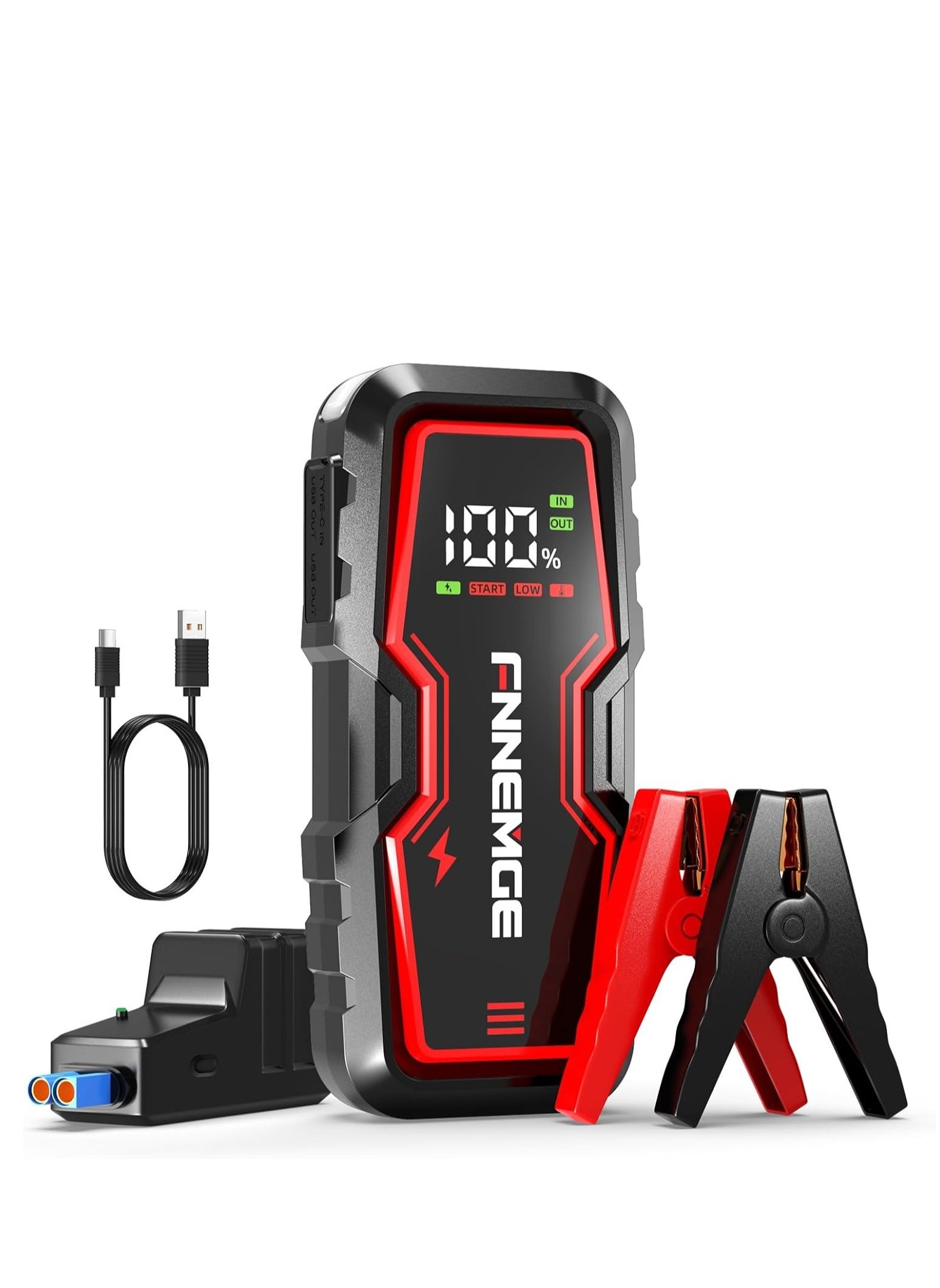 FNNEMGE Car Jump Starter 5000A Peak 12V Jump Starter Battery Pack(Up to All Gas, 8.0L Diesel) with USB Charge Output Port, LED Light, HD Large Screen 