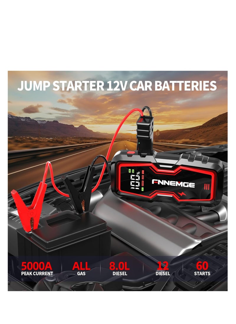 FNNEMGE - Car Jump Starter 5000A Peak 12V Jump Starter Battery Pack(Up to All Gas, 8.0L Diesel) with USB Charge Output Port, LED Light, HD Large Screen - Image 1