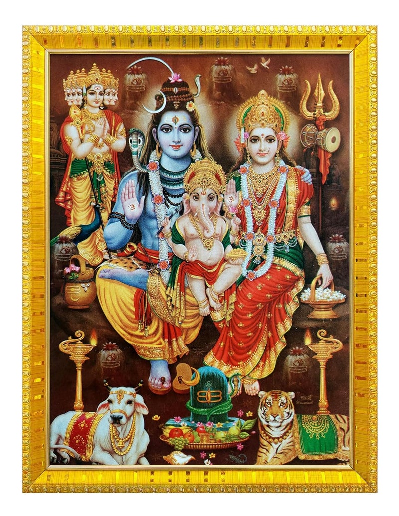 Koshtak Koshtak Sampurn Shiv ParivarShivaParvatiGanesh KartikeyaNandiSher and Shivling 30 x 23 cm photo frame with Laminated Poster for puja room temple Worshipwall hanginggifthome decor