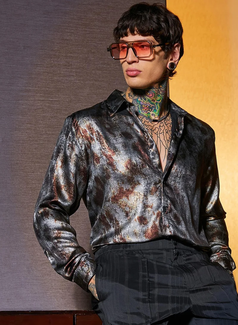 Men's Chocolate Brown & Coin Grey Metallic-Pigment Shirt
