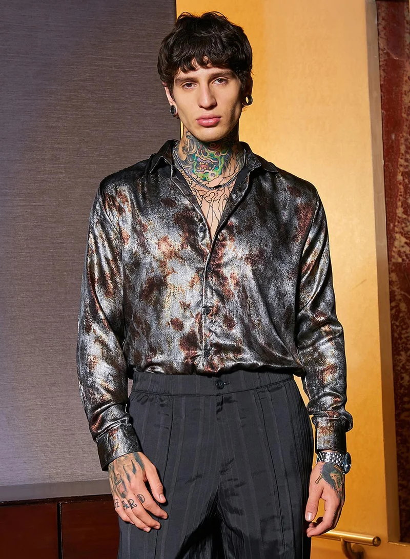 CAHOOT Men's Chocolate Brown & Coin Grey Metallic-Pigment Shirt