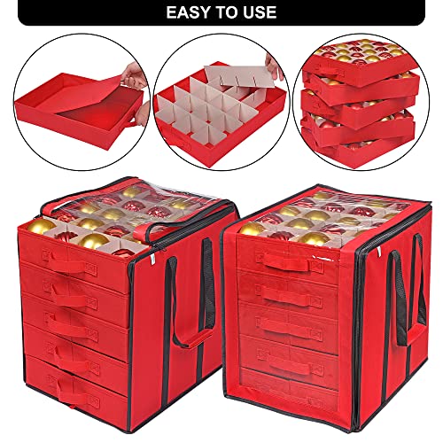 ProPik Christmas Ornament Storage Boxes with Dividers - 5 Separate Trays - Ornament Holder - Keeps 100 Holiday Ornaments - Durable Carrying Bag Handles Organizer Storage Box (Red) - Image 3