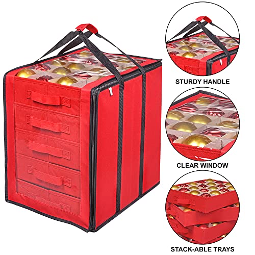 ProPik Christmas Ornament Storage Boxes with Dividers - 5 Separate Trays - Ornament Holder - Keeps 100 Holiday Ornaments - Durable Carrying Bag Handles Organizer Storage Box (Red) - Image 4
