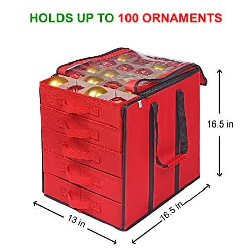 ProPik Christmas Ornament Storage Boxes with Dividers - 5 Separate Trays - Ornament Holder - Keeps 100 Holiday Ornaments - Durable Carrying Bag Handles Organizer Storage Box (Red) - Image 5