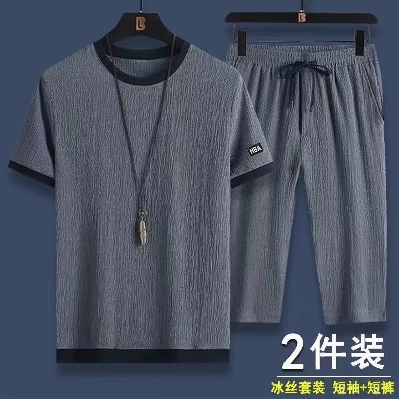 Ice Silk Short Sleeve T-Shirt Mens Summer Thin Korean Style Sporty Casual Versatile Sportswear Set Cool And Stylish Grey  - Image 1