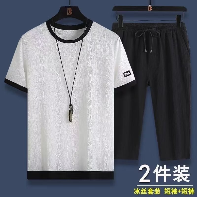 Ice Silk Short Sleeve T-Shirt Mens Summer Thin Korean Style Sporty Casual Versatile Sportswear Set Cool And Stylish Grey  - Image 2