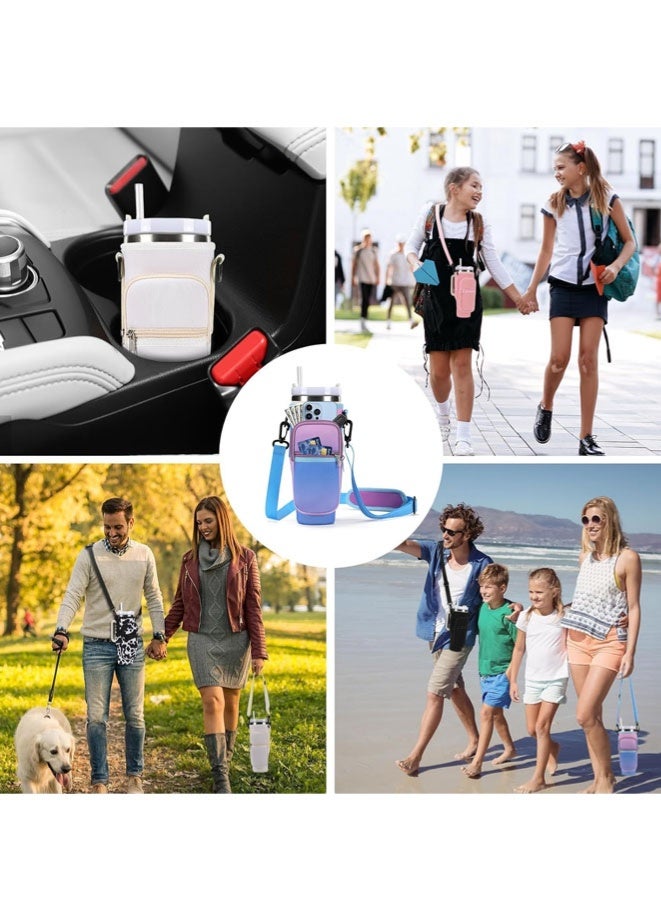 FASHION MANIA Water Bottle Carrier Bag for Stanley 40 Oz Tumbler, Water Bottle Holder with Shoulder Strap and Phone Pocket, Stanley Accessories for Walking Hiking Travelling, Gradient Purple - Image 2