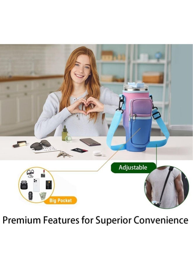 FASHION MANIA Water Bottle Carrier Bag for Stanley 40 Oz Tumbler, Water Bottle Holder with Shoulder Strap and Phone Pocket, Stanley Accessories for Walking Hiking Travelling, Gradient Purple - Image 3