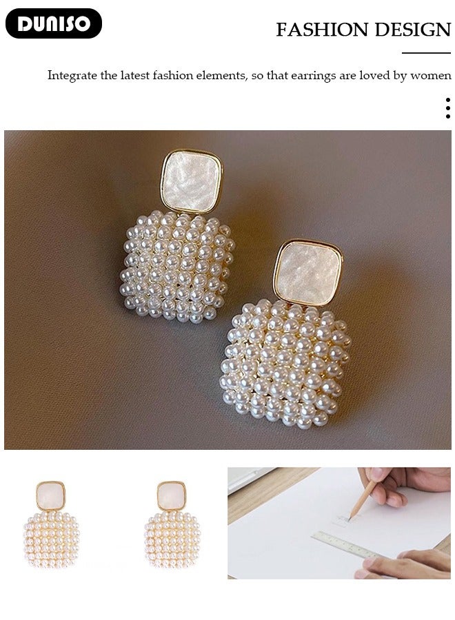 DUNISO Women's Vintage Square Pearl Earrings,Fashionable Lightweight Earrings, Dainty Stud Earrings, Hypoallergenic Earrings for Women Girls - Image 3
