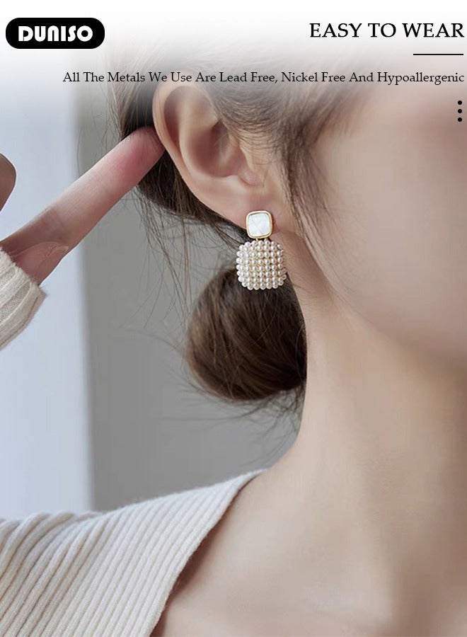 DUNISO Women's Vintage Square Pearl Earrings,Fashionable Lightweight Earrings, Dainty Stud Earrings, Hypoallergenic Earrings for Women Girls - Image 4