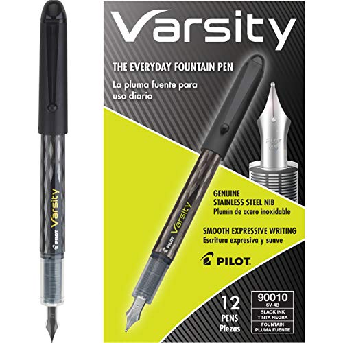 PILOT Varsity Pre-Filled Fountain Pens, Medium Point Stainless Steel Nib, Black Ink, 12-Pack - Image 1