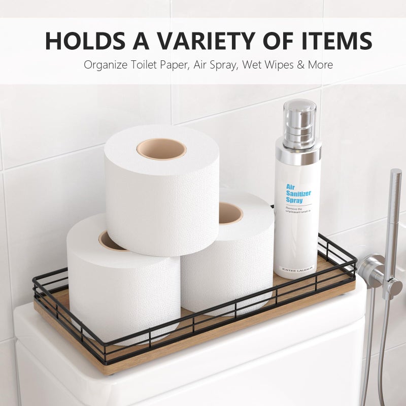 Focusonit Toilet Paper Basket Organizer â€“ Acacia Wood Toilet Tank Tray with Metal Frame, Back of Tank or Top Bathroom Counter Storage â€“ Black & Acacia Modern Decor - Image 2