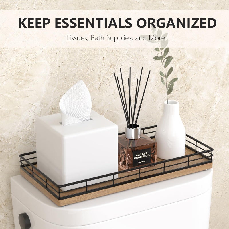 Focusonit Toilet Paper Basket Organizer â€“ Acacia Wood Toilet Tank Tray with Metal Frame, Back of Tank or Top Bathroom Counter Storage â€“ Black & Acacia Modern Decor - Image 3