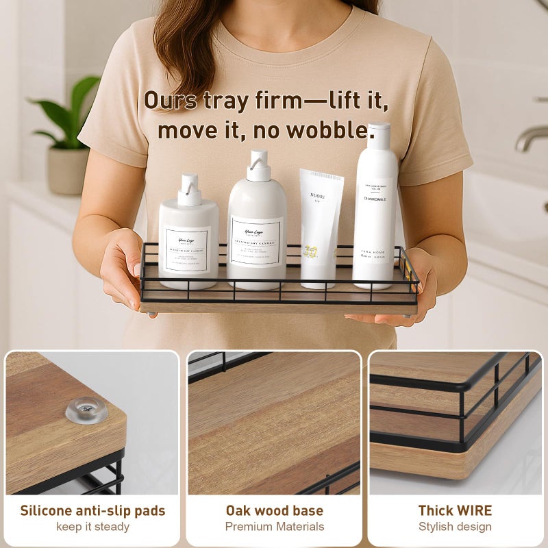 Focusonit Toilet Paper Basket Organizer â€“ Acacia Wood Toilet Tank Tray with Metal Frame, Back of Tank or Top Bathroom Counter Storage â€“ Black & Acacia Modern Decor - Image 5